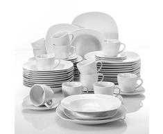 MALACASA, serie Elisa, 60 piezas Juegos de Vajillas de Porcelana con 12 Tazas de café, 12 Platillos, 12 Platos de Postre, 12 Platos de Sopa y 12 Platos de Cena, servicio de Café para 12 Personas