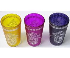 Set kenta 3 Vasos marroquies para el té con Dibujo Tradicional Mano de Fatima (Amarillo -Lila-Morado)