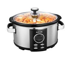 AICOK Olla de Cocción Lenta, 6.5l Slow Cooker Temporizador Digital y 3 Configuraciones de Temperatura, Olla Coccion Lenta Tapa de Vdrio y Olla de Cerámica, Plata, 315W (6.5 litros)