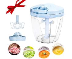 Jovego Cortador de Verduras Manual, 900 ML Picadora de Alimentos, Picadora Manual Multiusos con 5 Hojas, Chopper Procesador de Alimentos para Picar Verduras Frutas Carne Ensalada (Azul)