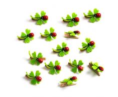 14 Pequeñas Mini de grapas Deko grapas Ornamentales Pinzas Pinzas de Madera Verde Rojo natural con suerte de trébol y mariquitas (3 cm) para manualidades y adornar de regalos