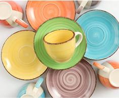 Villa dEste Baita Juego de 6 Tacitas con Platos de Café de Gres Esmaltado Pintado a Mano, en Rosa