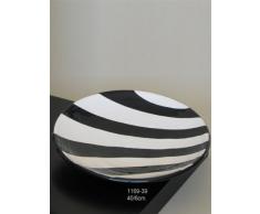Centro de mesa-fuente liso de barro rojo, hecho a torno alfarero, esmaltado en color cebra blanco/negro. Firmado y etiquetado por nuestro taller artesano. Medidas 40/6cm.