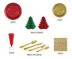 [Pack ahorro] Kit de vajilla desechable elegante con decoración de mesa para navidad ideal para fiestas - Rojo y Dorado - Incluye platos, cubiertos, copas, decoración y servilletas - 12 personas