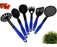 Lantelme 4857 6 pzas. adminículo de la cocina set de plástico resistente al calor hasta 260 ° c con espátula espaguetis cuchara potato masher servicio cuchara cucharón de sopa y skimmer. lavaplatos automático. color azul / negro