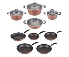 San Ignacio - Batería de cocina SIP Juego de sartenes Ø20/24/28/30 y Grill 28 cms, y Cacerolas con tapa de vidrio Ø20/24/28 y Tartera Ø28 cms., color cobre, asas y pomos revestidos de silicona, inducción