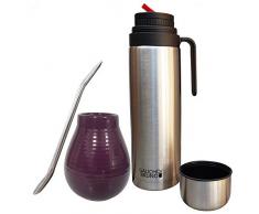 Kit Yerba Mate - Taza, Bombilla y Termo - Vaso de Cerámica, Pajita Acero Inoxidable con Filtro y Termo Anti Salpicaderos de 1 L de Capacidad - Conjunto Reutilizable para Mate Argentino - Púrpura