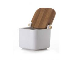 DCASA Salero Cuadrado de cerámica Blanco con Tapa de bambú, 12x12x10.5 cm