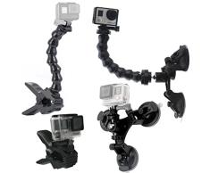 GreatCool Soporte Móvil Coche Triple Taza Ventosa + Jaws Flex Clamp Mount + Cuello de Ganso Ajustable con 1/4 tornillo soporte 360 °Metal Rótula de bola para Gopro Hero 7 6 5 4 3 Cámaras de Acción