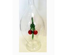 Jarra de cristal transparente, botella, garaffa,decantador de vidrio claro y soplado a boca con dos cerezas de cristal coloreado en el interior, rellenable, diseñado y fabricado por la Oberstdorfer Glashuette