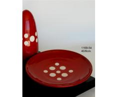 Centro de mesa-fuente de barro rojo, hecho a torno alfarero. Esmaltado en color rojo con lunares blancos. Firmado y etiquetado por nuestro taller artesano. Medidas 40/6cm.