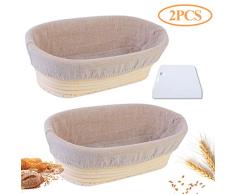 2 Pcs Banneton para Pan,Cesta a Prueba de Pan,Cuenco para Masa,Oval 25 x 15 x 12 cm,Cesta para Masa,Cesta de Pruebas,Hecha a Mano de Ratán con 2 Raspador de Masa y 2 Paño de Forro de Lino