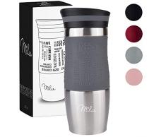 Milu Taza aislante de café y té para llevar - 370ml 100% a prueba de fugas - Taza de acero inoxidable para beber - vaso de aislamiento al vacío - Caliente y frío - Taza de viaje - Gris