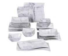 MALACASA serie Flora Vajillas de Porcelana 26 piezas Juego de Platos 6 Plato de Cena/Plato Postre, Sopa, Cuencos, cada uno 6 piezas, 2 Platos Rectangular Diseño con Patrón de Mármol Gris