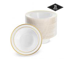 25 Cuencos Desechable de Plástico Elegante con Borde Dorado, 19cm/360ml - Bol para Sopa, Aperitivo y Postre - Resistentes Lavable y Reutilizable - Bodas Fiestas Cumpleaños Catering Navidad.