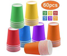 60 Piezas Vasos de Papel Desechables Tazas de fiesta, Vasos Carton de Colores Biodegradables 9 Ounces para Servir el Café, el Té, Bebidas Calientes y Frías,Bodas, Bricolaje