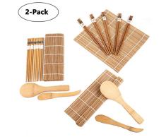 Lawei Juego para hacer sushi de bambú (2 unidades, incluye 4 alfombrillas de bambú para sushi, 10 pares de palillos, 2 pala de arroz, 2 separador de arroz, 100% bambú y utensilios de uso)