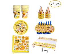 Ritte Juego de Fiesta Emoji de 73 Piezas, Vajilla para Cumpleaños Diseño de Emoji, Mantel, Blow Dragon, Sombreros, Vasos Desechables, Servilletas, Plato