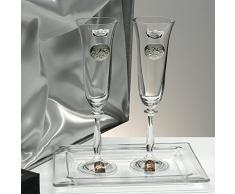 Set/Estuche de 2 Copas de champán para Novios, Bodas de Plata/Oro, Aniversarios + Bandeja de Cristal, colección ALIANZAS, Aplique bilaminado.