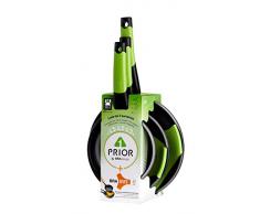 Bra Prior - Set de 3 Sartenes, Aluminio Fundido Antiadherente, Incluye dos Salvamanteles Safe Verdes, Aptas para Todo Tipo de Cocinas Incluida Inducción, 18-22-26 cm