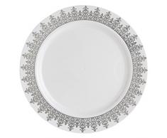 Decorline-Vajillas desechables Partido plato Platos de plástico blanco con borde de plata de plástico resistente vajillas desechables - Ornament Collection(Placa de 22 cm)