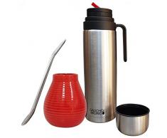 Kit Yerba Mate - Taza, Bombilla y Termo - Vaso de Cerámica, Pajita Acero Inoxidable con Filtro y Termo Anti Salpicaderos de 1 L de Capacidad - Conjunto Reutilizable para Mate Argentino - Rojo