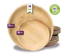 Platos desechables de hoja de palma 24 Piezas, 12 Platos redondo de 25 cm y 12 Platos de 18 cm. vajilla rustica de madera para barbacoas y fiesta de cumpleaños. Biodegradable libre de plástico.
