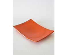 Centro de mesa-fuente de barro rojo, hecho a torno alfarero y esculpido a mano despues en forma rectangular, esmaltado en color naranja, disponible en varios colores y otro tamaño inferior. Firmado y etiquetado por nuestro taller