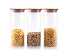 T4U 900ml Vidrio Alto de Borosilicato Cilindro Hermético Almacenamiento de Alimentos Envase Frasco Tarro con Tapa de Bambú y Anillo de Sellado de Silicona, Paquete de 3