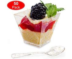 Aitsite 50 Pack Tazas de Postre Plástico con Cucharas Desechables Brillo de Oro Parfait Copas Tasting Appetizer Tazón Cuadrado Mini Shooter Vasos de Postre 60 ml