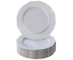 VAJILLA PARA FIESTAS DESECHABLE DE 20 PIEZAS | 20 platos para postre | Platos de plástico resistente | Elegante aspecto de porcelana fina | Para bodas y comidas de lujo (Vintage - Gris | 19 cm)