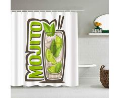 YOLIKA Cortina de Ducha,Barra Verde Alcohol Cóctel Mojito Vaso Lleno Comida Larga Bebida Bebida Caipirinha Cítrico Frío Claro,Tejido de poliéster - con Gancho,180x180