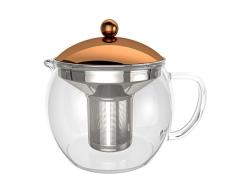 bonVIVO Infusor de Té TEMPA con Colador de Acero Inoxidable Extraíble, Tetera para Té de Hojas Sueltas, Tetera de Cristal de Borosilicato Resistente al Calor con Tapa Acabada en Cobre, 1500 ml