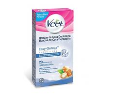 Veet Bandas de Cera Fria Depilatoria para Depilación de Cuerpo y Piernas con Aceite de Almendras, Easy Gelwax, Pieles Sensibles, 20 Bandas