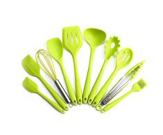 Utensilios Cocina Silicona 10 Piezas - Utensilios para Hornear No Tóxicas Antiadherente Pinzas Cocina,Tenedor Pasta,Batidor,Turner Ranurado,Cuchara para Servir,Espátulas (Verde)