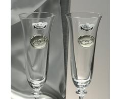 Set/Estuche de 2 Copas de champán para Novios, Bodas de Plata/Oro, Aniversarios + Bandeja de Cristal, colección ALIANZAS, Aplique bilaminado.