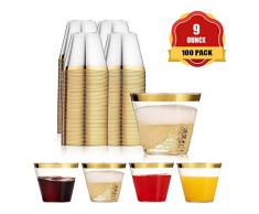 Funhoo Paquete de 100 tazas de plástico de 9 oz. Copa para beber, taza desechable transparente para beber con borde dorado para la fiesta de cumpleaños Wedding Bar Cafe Hotel (100pcs)