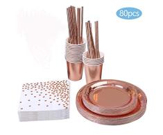 80 Pieces Vajilla Desechable De Oro Rosa, Rosa Oro Party, Un Set Includere: Servilletas, Vasos, Paper Plates, Straws, Rose Gold Boda Anniversario Navidad Cumpleaños Fiesta, 16 Invitados