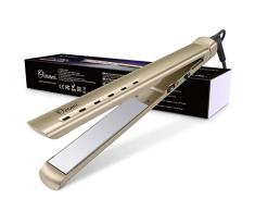 Planchas del Pelo Profesional Ovonni Plancha Pelo Titanio, Placa Flotante de 2,5 cm, Calentador MCH Rápido 18s, Temperatura Ajustable 150°C-230°C, para Alisar, Crear Ondas o Rizos, Doble Voltaje (Oro)