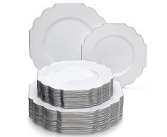 VAJILLA PARA FIESTAS DESECHABLE DE 40 PIEZAS | 20 platos grandes y 20 platos para ensalada o postre | Platos de plástico resistente | Elegante aspecto de porcelana fina (Baroque Collection â Blanco)