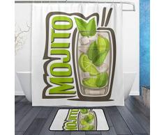 NOLYXICI Cortina de Ducha de pie A Prueba de Agua Resistente al Moho Cuarto de baño,Barra Verde Alcohol Cóctel Mojito Vaso Lleno Comida Larga Bebida Bebida Caipirinha Cítrico Frío Claro