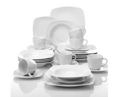 MALACASA, Serie Julia, 30 Piezas Juegos de Vajillas de Porcelana con 6 Tazas de café, 6 Platillos, 6 Platos de Postre, 6 Platos Hondos y 6 Platos Planos Vajillas para 6 Personas