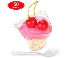 Aitsite 50 Pack Tazas de Postre Plástico con Cucharas Desechables Brillo de Oro Parfait Copas Tasting Appetizer Tazón Cuadrado Mini Shooter Vasos de Postre 100 ml