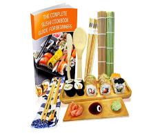 Kit para Hacer Sushi - Esterilla de Enrollar Sushi de Bambú Set de 11 Piezas - 2 Esteras, 5 Pares de Palillos con Bolsita, Paleta, Cuchillo para Extender, Plato de Servir, Plato de Salsa y eBook