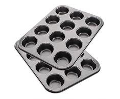EUROXANTY®- Set de 2 Molde para Magdalenas y Muffins, Acero al Carbono con Recubrimiento Antiadherente Molde Horno (12 Redondo)
