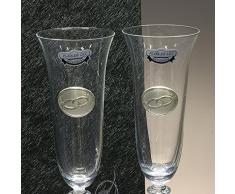 Set/Estuche de 2 Copas de champán para Novios, Bodas de Plata/Oro, Aniversarios, colección Angela-ALIANZAS, Aplique bilaminado.