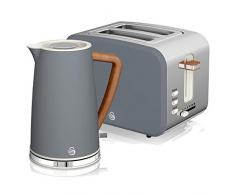 Swan Nordic Set Desayuno Hervidor de agua inalámbrico 1,7L 2200W, Tostadora Pan ranura ancha 2 rebanadas, 3 funciones, diseño moderno, efecto madera, gris