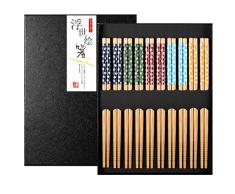10 Pares Palillos de Bambu Japoneses Chopsticks Reutilizables Lavable con Caja de Regalo Negra para Sushi Cocina Asiática, Flor de cerezo