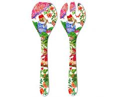 Les Jardins de la Comtesse - Cubiertos de Ensalada de Servicio de Melamina Pura - Monos de Bali - 33 cm - Coral Rojo y Verde - Set de Cuchara y Tenedor de la Colección Vajilla Irrompible MelARTmine