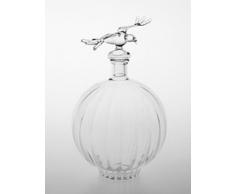 Jara redonda de cristal transparente, botella, decantador de vidrio claro y soplado a boca, con aspecto acanalado con un cierre en forma de un pájaro, capacidad 0,45 litro, disenado y fabricado por Oberstdorfer Glashütte